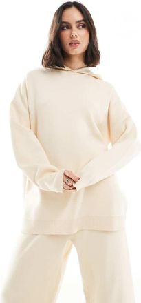 South Beach Felpa con cappuccio in maglia color panna con orlo a coste-Bianco