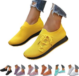 Generic Breathable Trainers Women,Ladies Sneakers Yellow Size 6.5 Lightweight Casual Soft Sole Mesh Breathable Tennis Trainers Plantar Fasciitis Memory Foam W