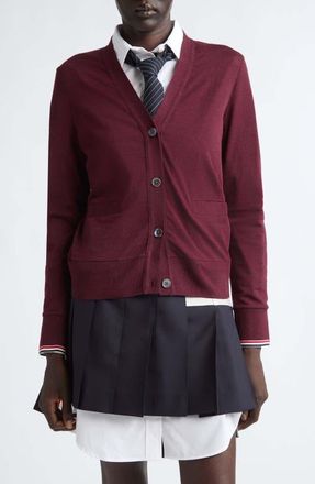 Thom Browne Tipped Stretch Wool Cardigan in Burgundy at Nordstrom, Size 36