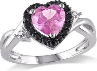 Mimi & Max Created Pink Sapphire, Black Spinel and Diamond Heart Ring in Sterling Silver