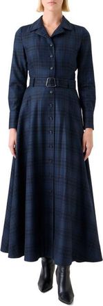 Akris Plaid Long Sleeve Wool Flannel Belted Shirtdress in Denim-Black at Nordstrom, Size 6