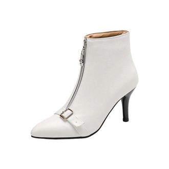 Generic Womens Fashion Ankle Boots Pointed Toe Medium Thin Heel Slip On With Front Zipper And Buckle Decoration Casual Shoes