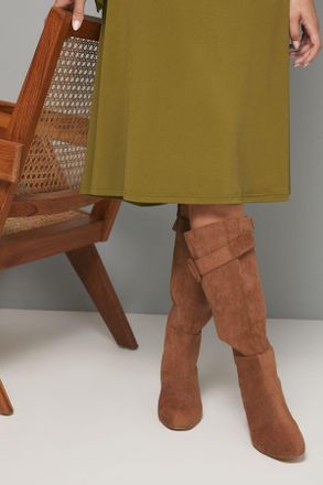 Wallis Womens Hawthorn Faux Suede Covered Buckle Detail Square Toe Medium Block Heel Knee Boots - Taupe - Size UK 4