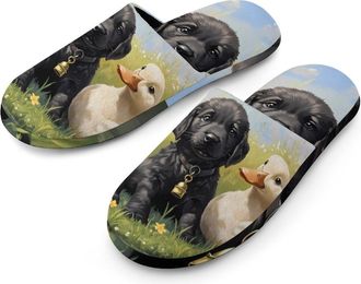 Generic Labrador Puppies Ducks Flannel Mens Slip-on Slippers Winter Warm House Shoes with Rubber Sole for Home Hotel