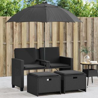 vidaXL Vidaxl - Divano Giardino 2 Posti Ombrellone e Sgabelli Nero Polyrattan