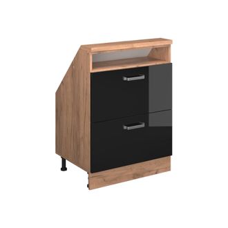 Vicco Armario De Cocina Para Techo Inclinado R-line, Roble Negro/dorado De Alto Brillo, 60 Cm Con 2 Cajones, Vicco