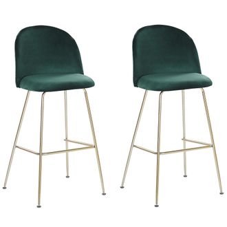 Beliani Conjunto De 2 Sillas De Bar Tapizadas En Terciopelo Verde Marco De Acero Dorado Altura Del Mostrador Muebles De Comedor De Dise&ntilde;o Arcola