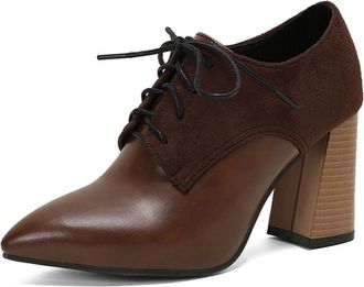 Generic Women Pointed Toe Oxfords Suede Panel Chunky Block Heel Lace Up Ankle Shoes Contrast Laces Non Slip Durable Comfortable Office Casual Dress Shoes,Brow
