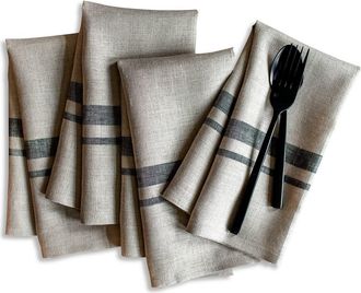 Solino Home Linen Dinner Napkins Set of 4, 20 x 20 Inch for Dining Table, Holiday and Everyday Table Decor - French Stripe in Black And Natural at