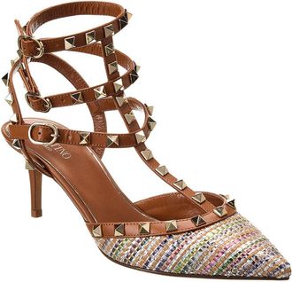 Valentino Rockstud Caged 65 Leather-Trim Ankle Strap Pump