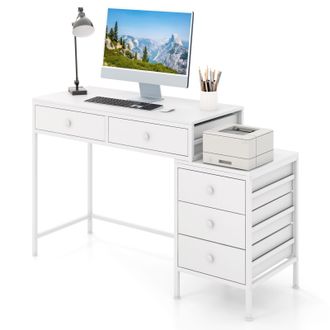 Costway Costway Computer Desk Home Office Desk w/ Side File Cabinet & 5 Drawers in White