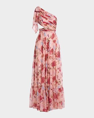 Mac Duggal Floral Chiffon Tied One-Shoulder Gown