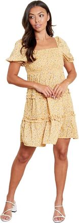 Generic Dressmechic Womens Mustard Ditsy Print Square Neck Elasticated Cuffs Tiered Frill Shirred Summer Casual Smock Mini Dress