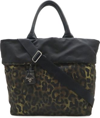 Prada Black Green Multi-Color Nylon Leather Shoulder Bag Tote Bag (Pre-Owned)