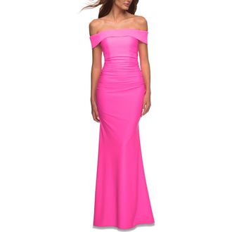 La Femme Long Off the Shoulder Ruched Neon Jersey Dress in Hot Pink at Nordstrom, Size 10