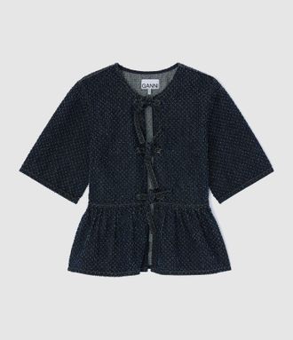 Ganni Blouse Tweed Denim Peplum Rinse