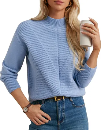 Grace Karin Women Loose Fit Knitted Sweater Casual High Neck Long Sleeve Jumper Pullover CL24-04/Gary Blue M