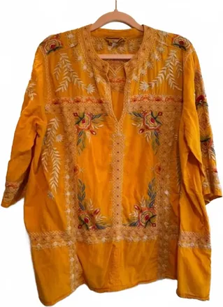 Johnny Was Womens Uma Easy V-Neck Top In Mango