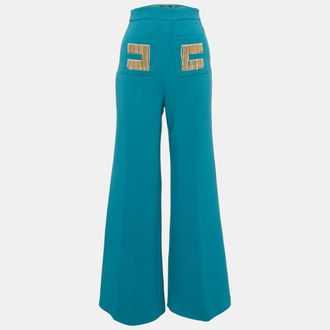 Elisabetta Franchi Teal Blue Crepe Chain Detail Flared Trousers