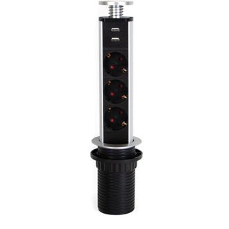 Emuca Multiconector Extra&iacute;ble Vertikal, 3 Enchufes Tipo Schuko, 2 Usb Tipo A, Pl&aacute;stico Y Aluminio, Gris Metalizado - Emuca