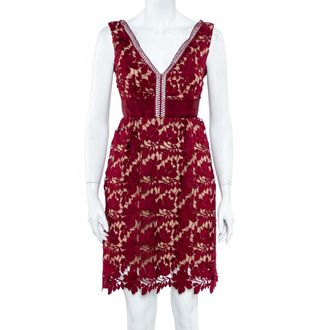 Self Portrait Burgundy Guipure Lace Plunge Neck Detail Short Dress