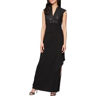 Alex Evenings Sequin Corded Lace Bodice Empire Waist Gown in Black/Beige at Nordstrom Rack, Size 12