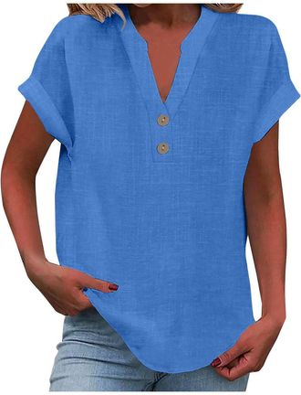Generic Ladies Tops 2025 Womens Summer Cotton Linen Cap Sleeve T-Shirt Button V Neck Tunic Tops Fashion Baggy Solid Plain Casual Shirts Trendy Blouse Dark Blu