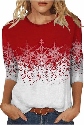 Generic Christmas Jumpers for Women Christmas Tops 3/4 Sleeve Round Neck Elegant Xmas Sweatshirt Tree Print Graphics Xmas Shirt Holiday Long Sleeve Tops (014-