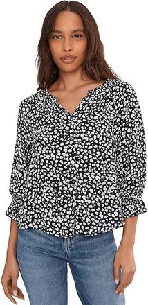 Liverpool L.A. 3/4 Sleeve Button Front Woven Top With Ruffle Details Womens Clothing Black/Cream Hearts : SM, Polyester