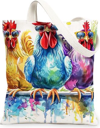 Generic Colorful Rooster Canvas Tote Bags, Artistic Chicken Design Reusable Grocery Bags, Summer Vintage Lightweight Washable Shoul, Colorful, 13x15 Inch
