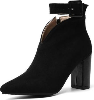 Generic Ladies Suede Retro Western Chelsea Boots with Ankle Strap Buckle, Pointed Toe & Chunky Block Heel,Black,5.5 UK