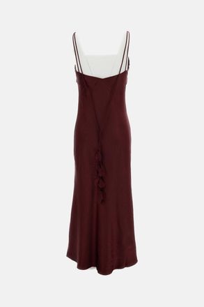 Self Portrait Abito Midi In Raso Bordeaux Con Fiore