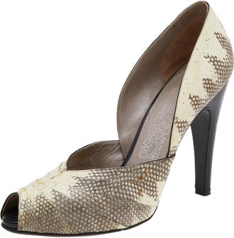 Ferragamo Cream/black Karung And Patent Leather Peep Toe Pumps