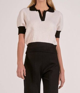 Elan Darcy Collared Short Sleeve Sweater In White