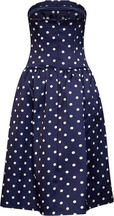 Self Portrait Womens Strapless Satin Midi Dress Navy Blue Polka Dot Polyester