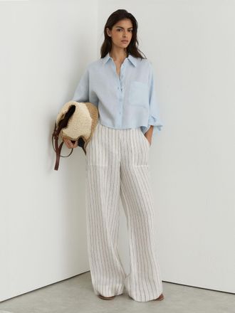 Reiss White & navy Petite Linen Pinstripe Wide-leg Trousers, 10