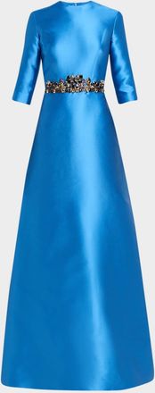 Reem Acra Crystal Embellished Mikado Silk 3/4-Sleeve Gown