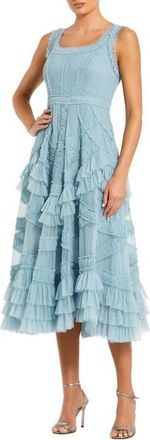 Mac Duggal Petite Scoop Neck Sleeveless Mesh Micro Ruffle Midi Dress in French Blue at Nordstrom, Size 12