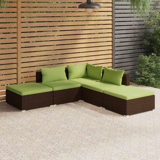 vidaXL Set Sof&aacute;s De Jard&iacute;n 5 Piezas Y Cojines Rat&aacute;n Sint&eacute;tico Marr&oacute;n Vidaxl