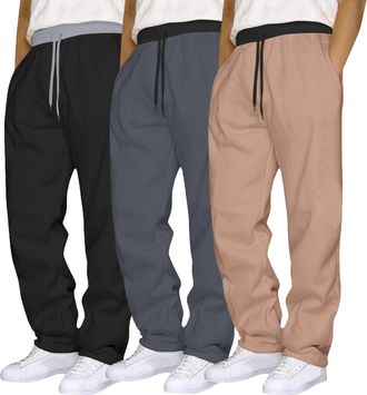 Generic 3 Pack Joggers for Men UK Mens Joggers Bottoms Open Hem Jogging Pants Fleece Sweatpants with Pockets Drawstring Elastic Waist Straight Leg Baggy Jogge