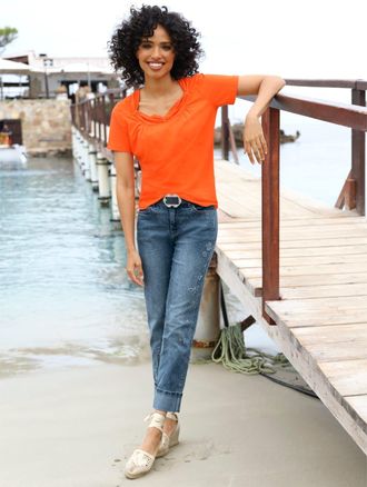 Heine Kurzarmshirt HEINE Shirt, Damen, Gr. 34, orange, 95% Baumwolle, 5% Elasthan, unifarben, Rundhals, Shirts Kurzarmshirt