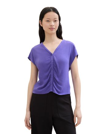 Tom Tailor Denim Kurzarmbluse TOM TAILOR DENIM, Damen, Gr. XL (42), lila (vibrant lila), Web, Obermaterial: 85% Viskose, 15% Leinen, unifarben, regular fit normal, V-A