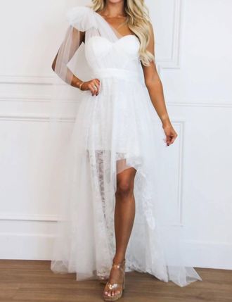 Maniju Stay Together One Shoulder Bow Lace High Low Maxi Dress In Ivory