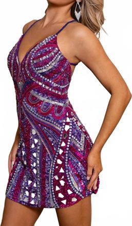 Rachel Allan Mirror Beaded Short V-Neck Dress In Purple Multi