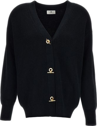 Elisabetta Franchi Black Rib-Knit Gold Toggle Cardigan