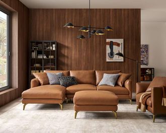 Castlery Lena Leather Chaise Sectional Sofa Left Facing with Ottoman, Cocoa American Top Grain Leather, Brass Leg