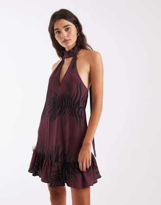 Asos vestito corto halter con sciarpa in stampa zebrata sfocata-Viola