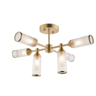 Loops Brass Semi Flush 6 Bulb Ceiling Light - Ribbed Glass Shades & Frosted Diffusers in Clear