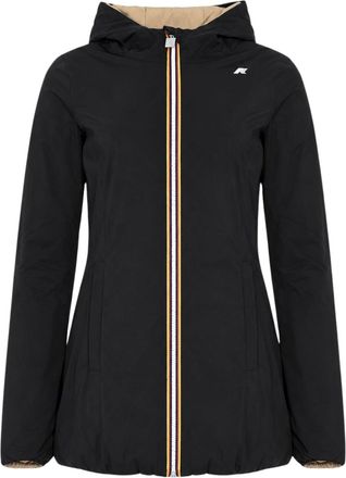 K-Way Longline Black Hooded Coat with Beige Contrast Lining