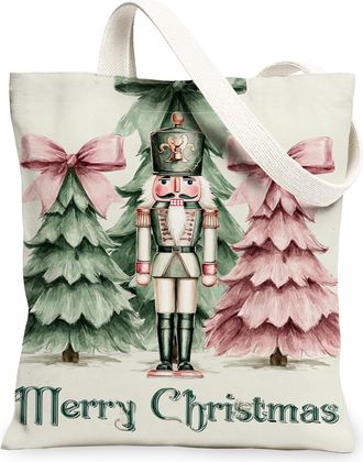Generic Christmas Nutcracker Canvas Tote Bags, Holiday Tree Design Reusable Grocery Bags, Winter Vintage Washable Shoulder Strap Ca, White, 13x15 Inch